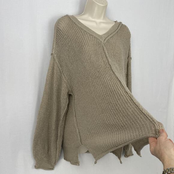 POL Sweater Womens Medium Taupe Double V Neck Oversized Slouchy Chunky Open Knit - Picture 2 of 14